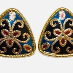 Vintage AVON 1988 Aztec Mosiac Triangle Enamel Earrings Blue Red Gold Tone 1"